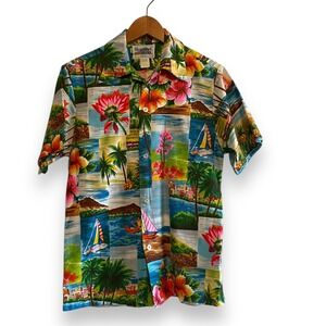Diamond Head Hawaiian Shirt Men's Small All Over Print Island Sailboat Floral